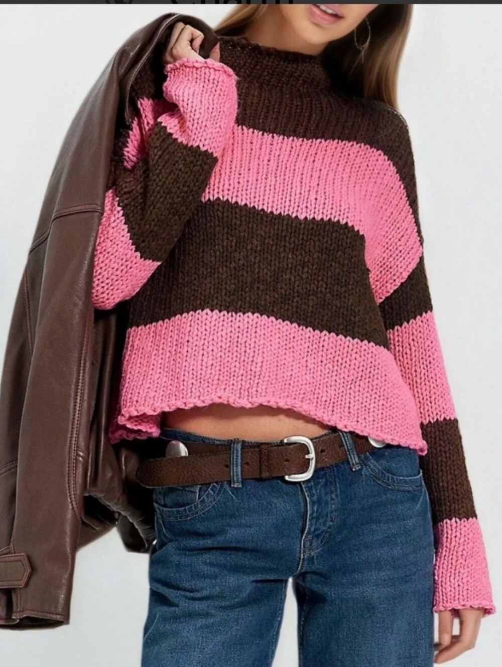 Free People Chunky Knit Striped Roll Neck Cropped Sweater